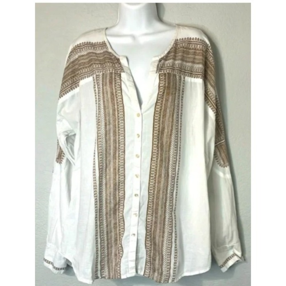 Sundance Women Shirt Size 14 White‎ Brown Boho Button Down Dolman Sleeves Casual